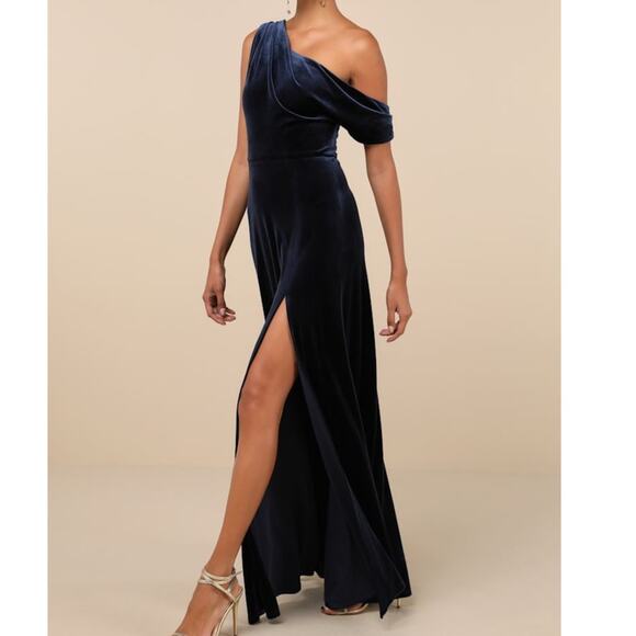 Lulus NWT Coveted Confidence Navy Blue Velvet Asymmetrical Maxi Dress Small - Picture 2 of 10